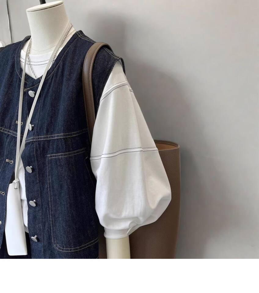 Áo vest denim nữ không tay phối lớp phong cách retro, dáng ôm, dài 50–65 cm — màu xanh đậm chi tiết 5