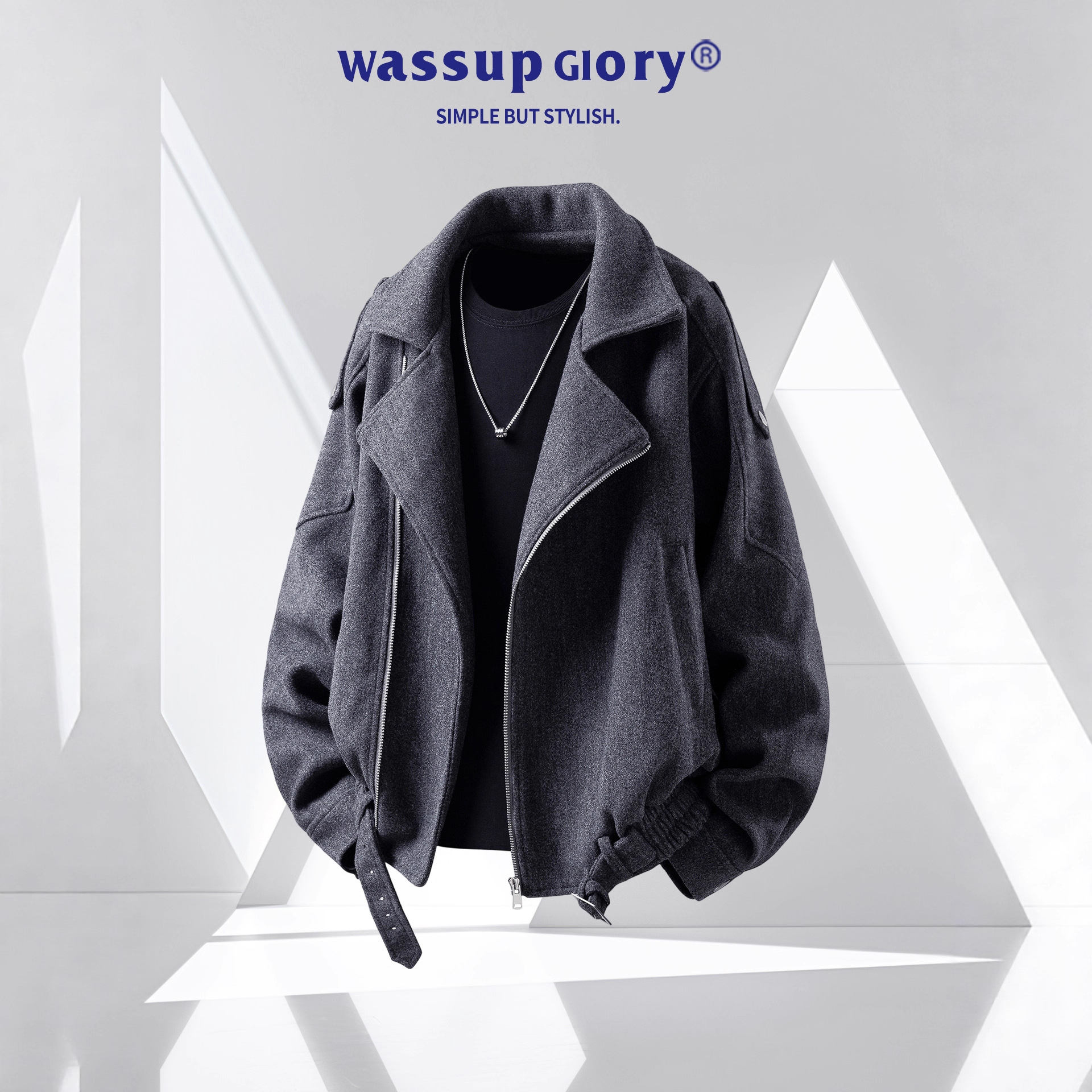 WASSUP GLORY短款毛呢大衣男秋冬新款加厚cleanfit外套机车夹克衫
