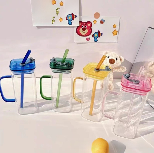 Square glass cup with handle, home use, Instagram high-end, straw water cup for women, high-temperature resistant, flat bottom, heatable cup