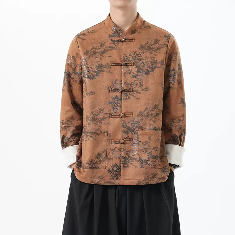 新中式立领外套男春秋高级刺绣印花唐装中国风复古盘扣夹克中山装