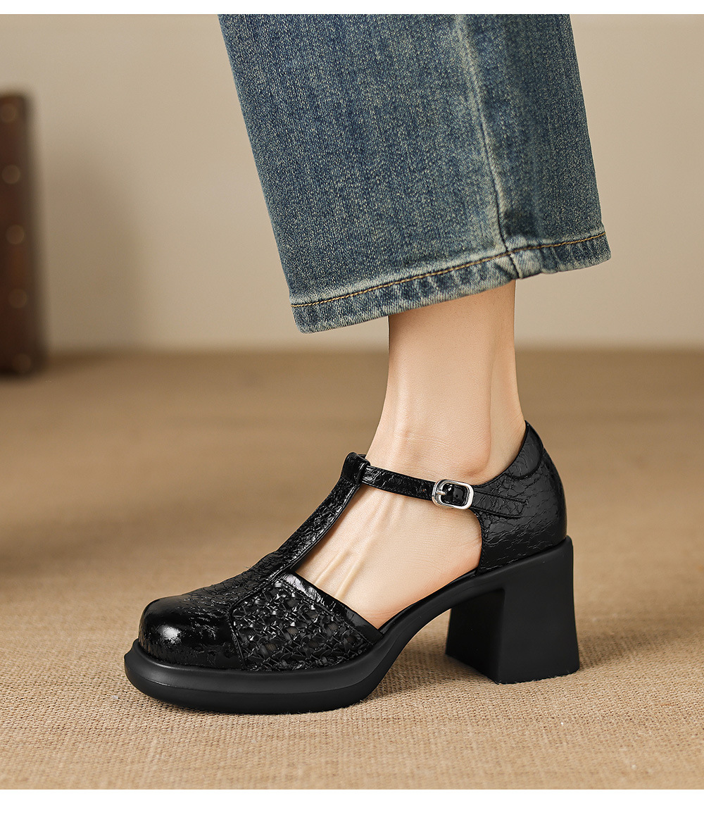 Sandal cao gót nữ quai ngang phong cách vintage, gót 8.5 cm, đế dày, mũi kín — đen chi tiết 11
