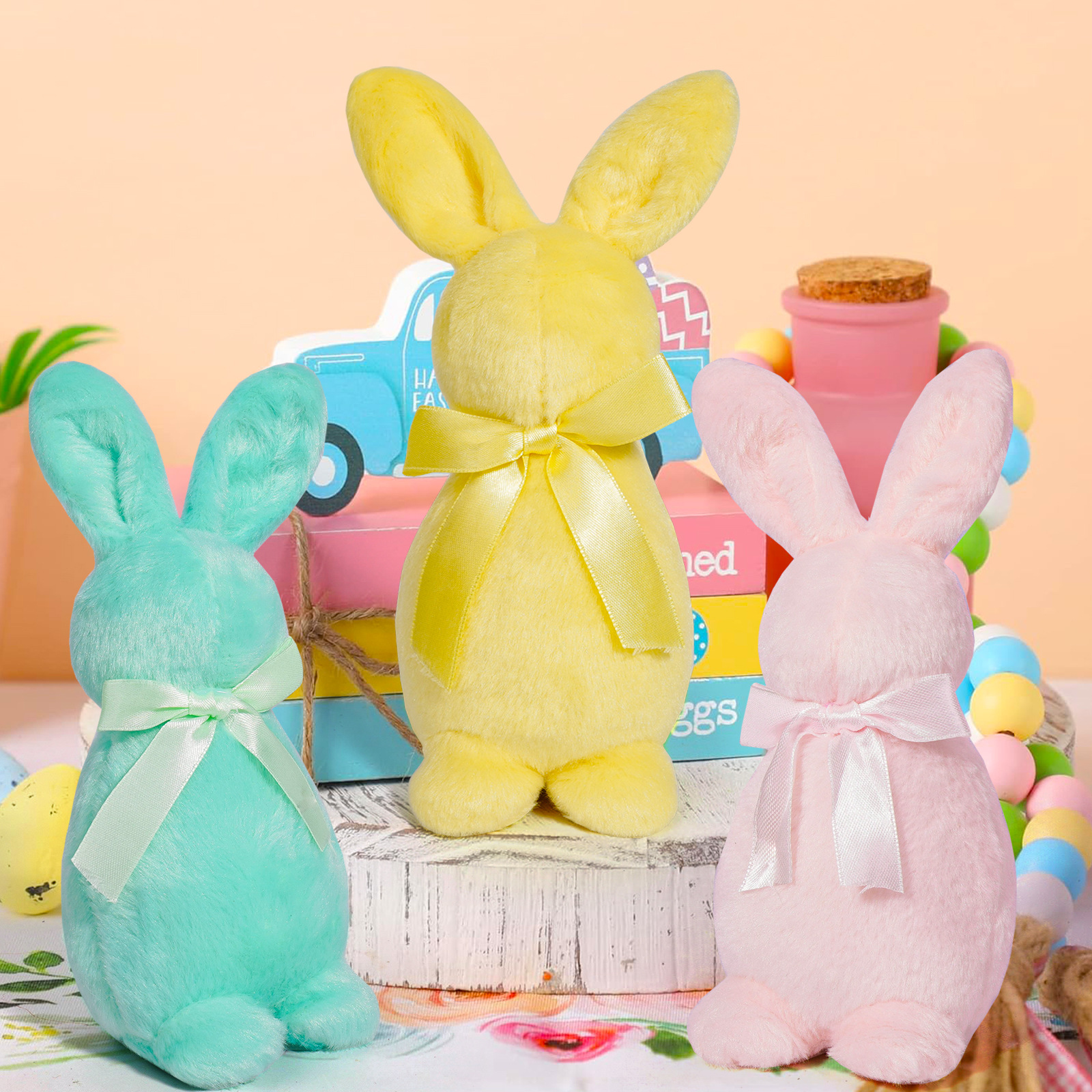 Transfronterizo nuevo conejo de Pascua muñeca decoración lindo peluche adornos muñecas de conejo amarillo rosa verde regalo