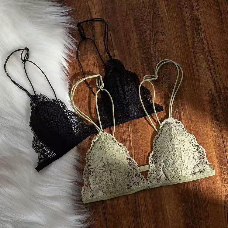 French-Style Pure Desire Front-Closure Lace Triangle Cup Bra for Women, Wireless, Summer Ultra-Thin Thin Strap Beautiful Back Bra