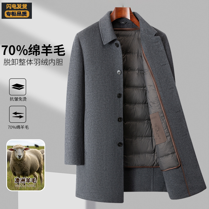 Wool Double-Sided Woolen Coat for Men's Middle-Aged and Elderly Men's Down Liner Lapel Dad's Warm Woolen Coat Jacket