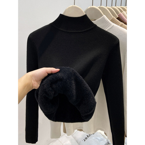 Winter One-Piece Fleece-Thickened Turtleneck Knitted Base Layer Top for Women—Warm Innerwear Korean-Style Soft and Fluffy Basic Sweater