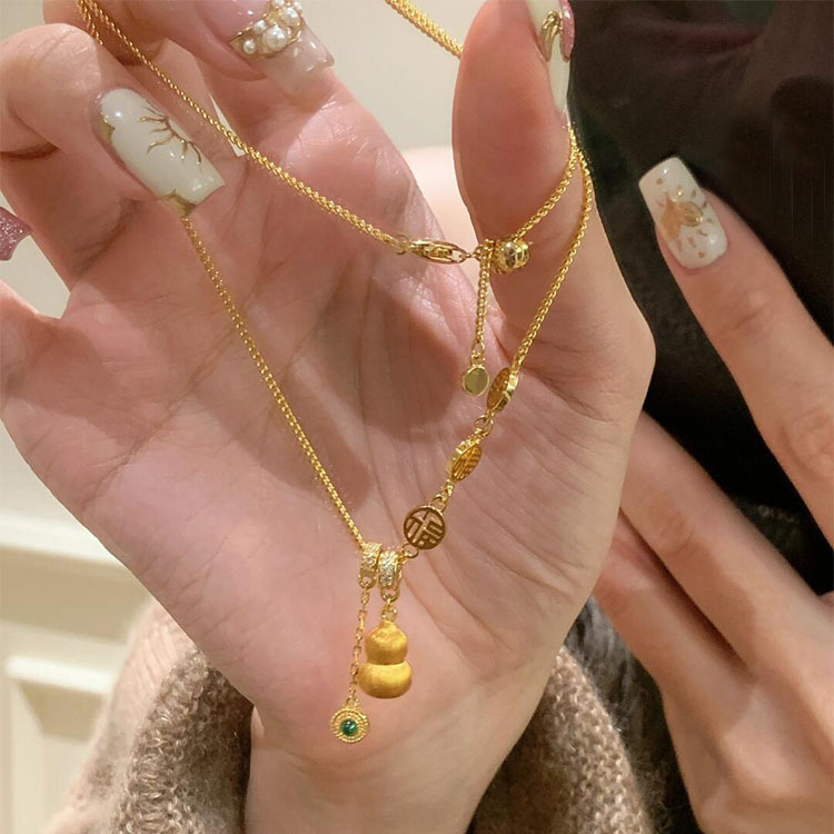 Gold Store Same Style New Chinese-Style Sand Gold Fortune Character Gourd Necklace Fortune Tassel Pendant Collarbone Chain Gift for Girlfriend Gold Store Same Style New Chinese-Style Sand Gold Fortune Character Gourd Necklace Fortune Tassel Pendant Collarbone Chain Gift for Girlfriend