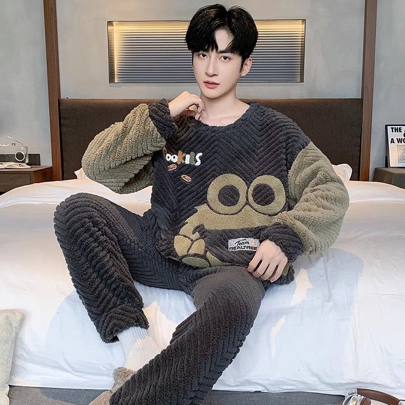 2025 otoño y invierno pijamas de coral para hombres con pelusa gruesa de dibujos animados chaqueta de algodón cálida manga larga ropa de hogar al por mayor