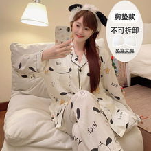 新款春夏季睡衣女长袖可爱宽松开衫套装带胸垫可外穿跨境pajamas