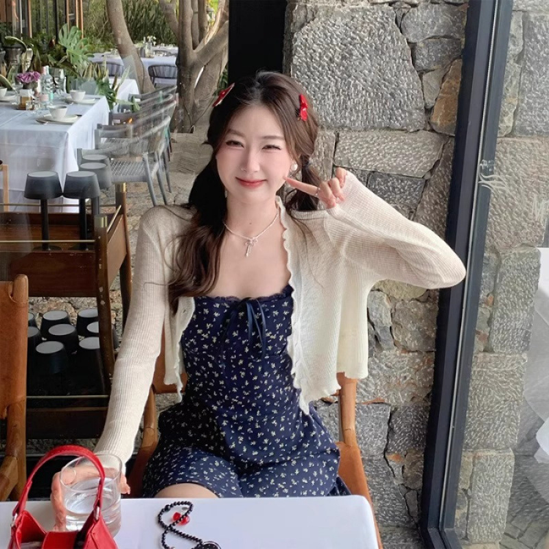 木耳边v领针织开衫上衣女夏小个子短款防晒小披肩薄纱外搭空调衫|undefined