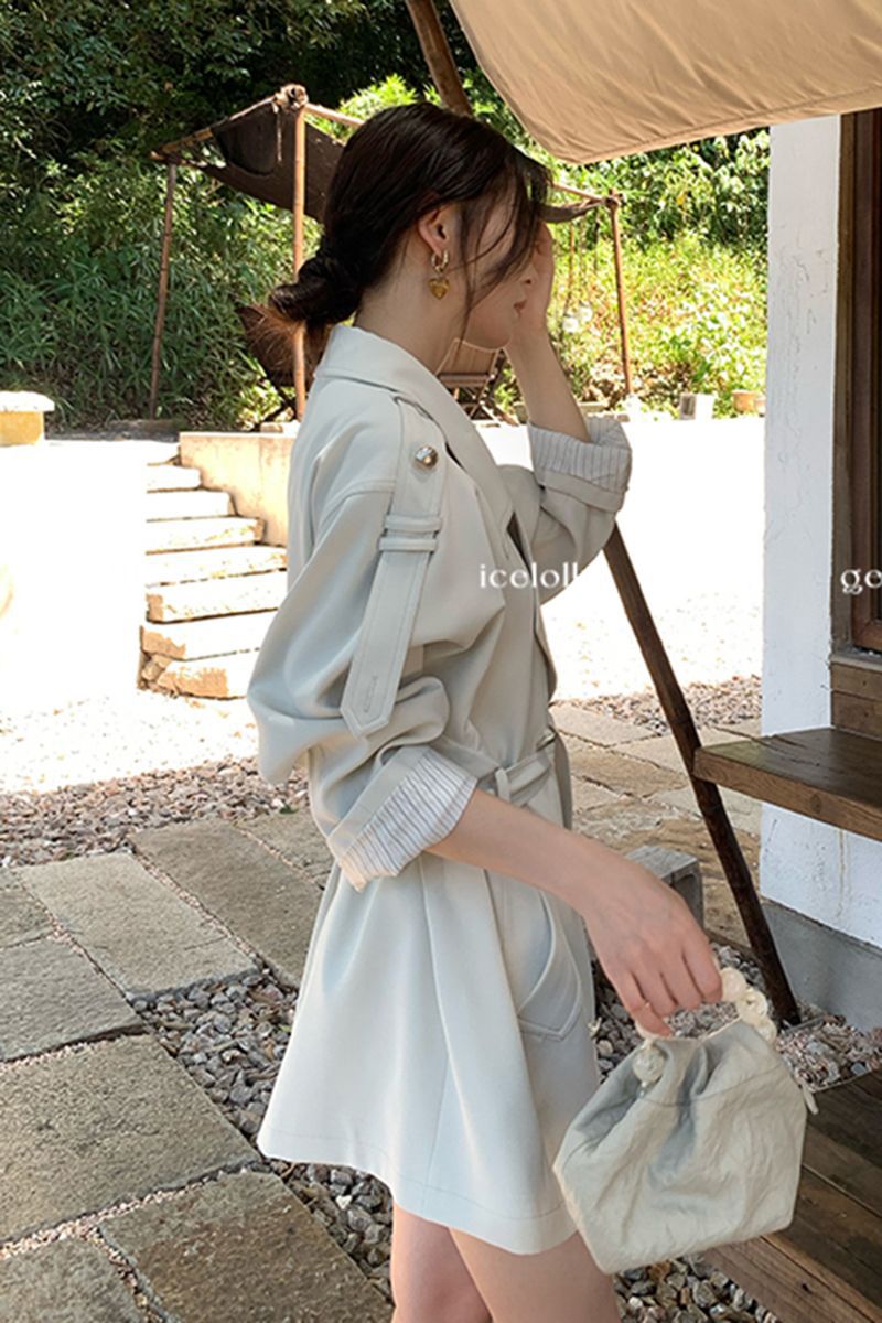 Spring and Autumn Mid-Length Over-The-Knee British Style Windbreaker Jacket for Women, Ladylike Style White Lapel Short Coat for Small People