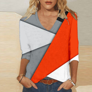 Amazon 2023 European and American Middle East women's V-neck slim-fit three-quarter sleeve plaid digital printed t-shirt factory direct supply