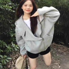 2025秋冬新款灰色连帽卫衣外套女韩系休闲棒球服加绒帽衫加厚上衣