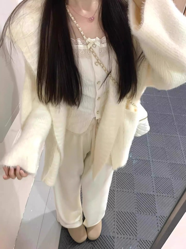 韩版慵懒风奶白色仿水貂毛衣女秋冬新款软糯宽松连帽针织衫外套潮|undefined