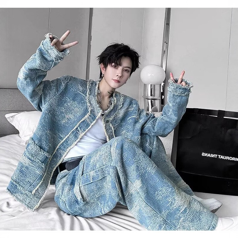 Autumn Korean Dongdaemun Jacket Men's New Style Handsome and Fashionable Washed Denim Jacket with Hole Design