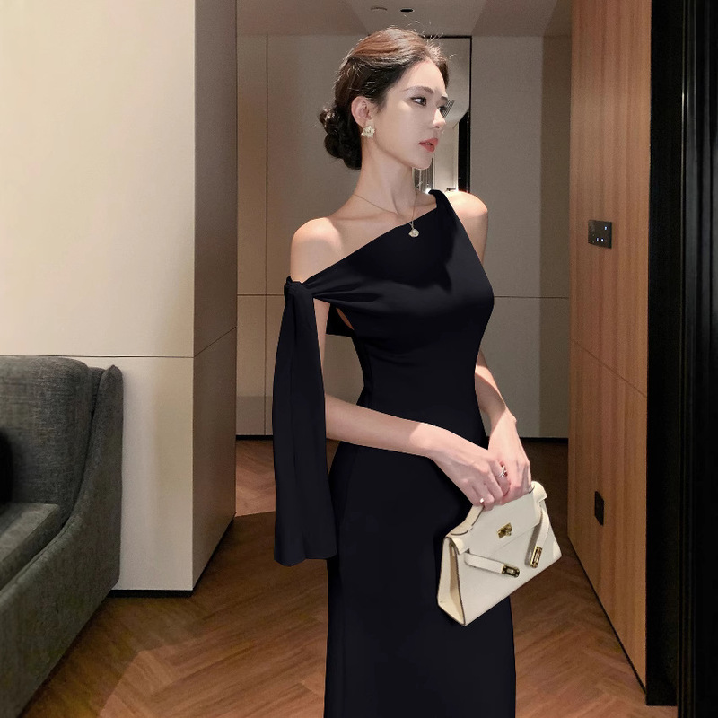 Design-Sense Strap Sexy Slant Shoulder Lace-Up dress Women's Temperament Slim-Fit Slimming Sheath Birthday Celebrity Dress