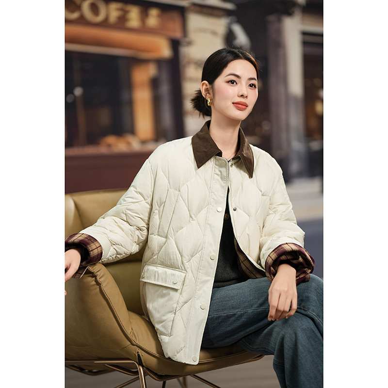 中长款羽绒服工装风灯芯绒衬衫领菱型格三防90白鸭绒外套女装新款