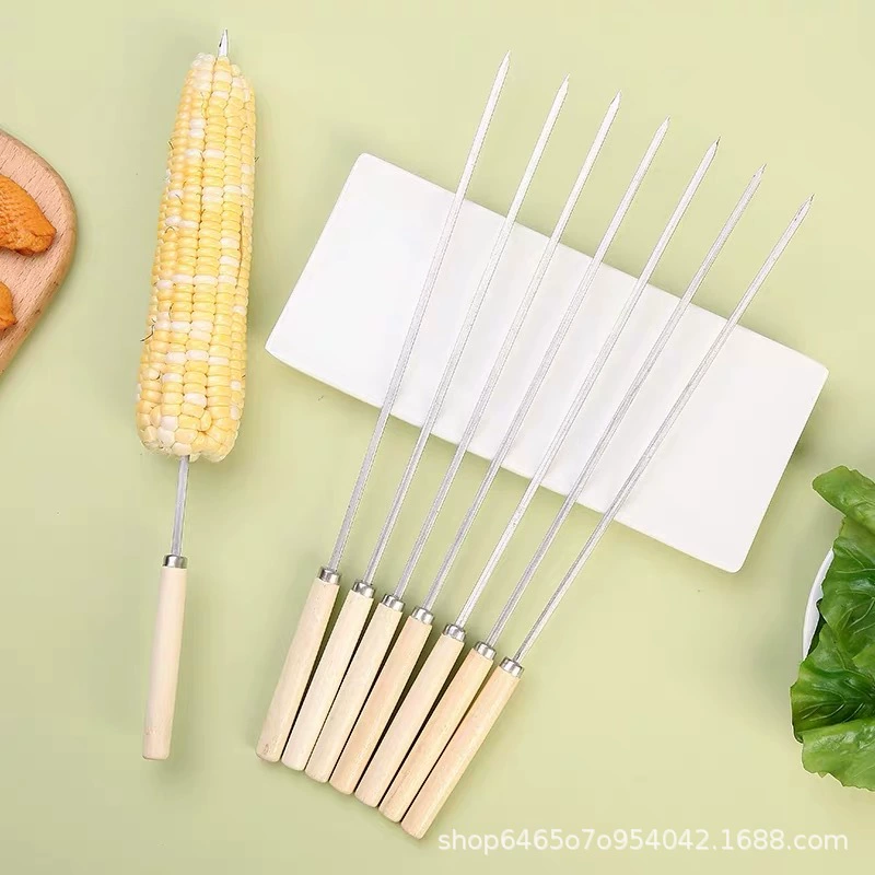 Stainless steel barbecue skewers wooden handle round skewers flat skewers barbecue shop lamb skewers barbecue needle steel needle barbecue skewers