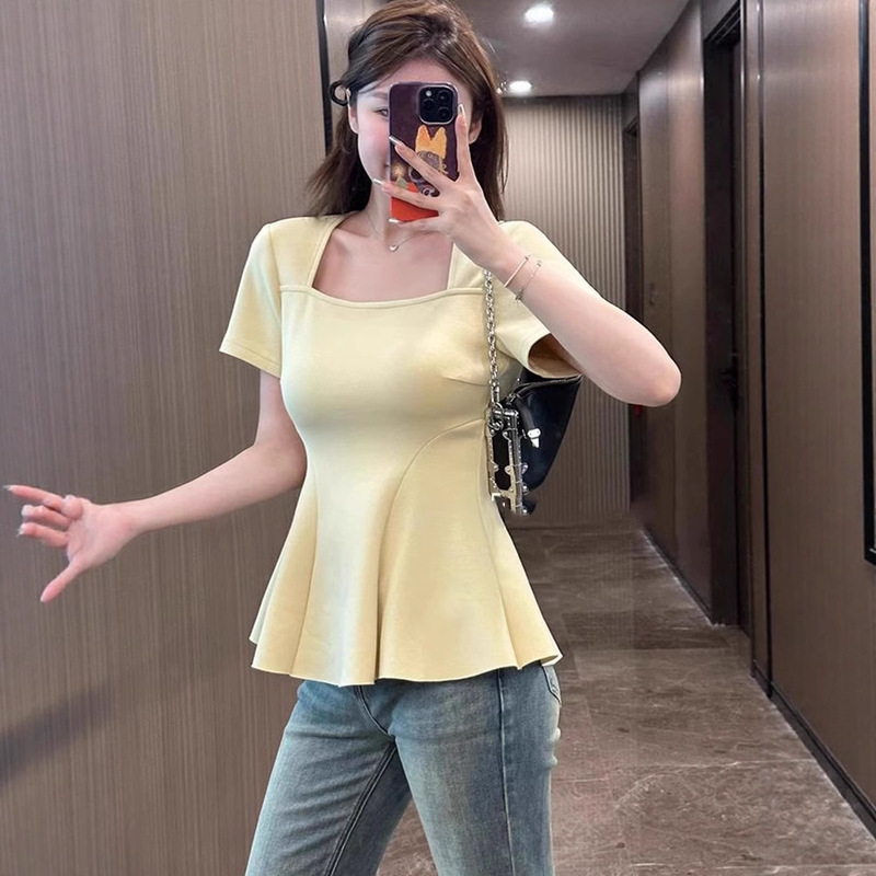 120kg 大きいサイズスクエアネックショルダー半袖 Tシャツ女性の夏の太った mm お腹カバー痩身フリルトップフィッシュテールスカート|undefined