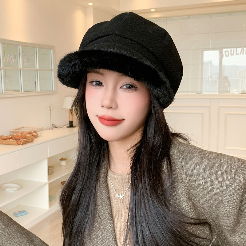 韩系冬季帽子女加厚毛绒边八角帽英伦时尚画家帽秋冬日系报童帽潮|undefined