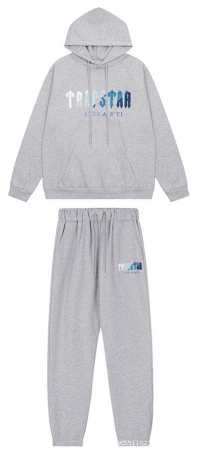 Marca de moda europea y americana Trapstar blanco y azul degradado color toalla bordado fleece-forrado hombres y mujeres pareja de alta calle traje de ocio