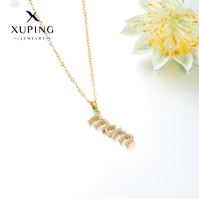 Collar con colgante de letra en aleación electrochapada en color oro de 14k, con piedra artificial, regalo para el Día de la Madre, de Xuping.