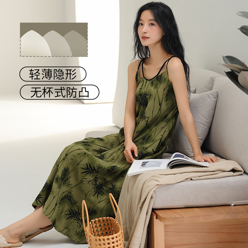 100% Pure Cotton Gauze Cotton Women's Vest Dress Summer Suspender Belt with Breast Pad Sexy Wearable Pajamas for Women