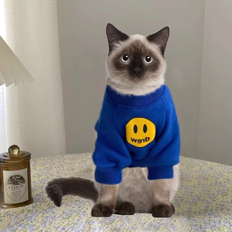 Kitten Clothes Autumn and Winter Cute Smiley Muppet Short Blue Cat Kitten Pet Anti-hair Two-piece Sweatshirt Kitten Clothes Autumn and Winter Cute Smiley Muppet Short Blue Cat Kitten Pet Anti-hair Two-piece Sweatshirt