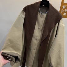 欧货2025年秋装新款圆领撞色宽松中长款外套女针织披肩两件套风衣