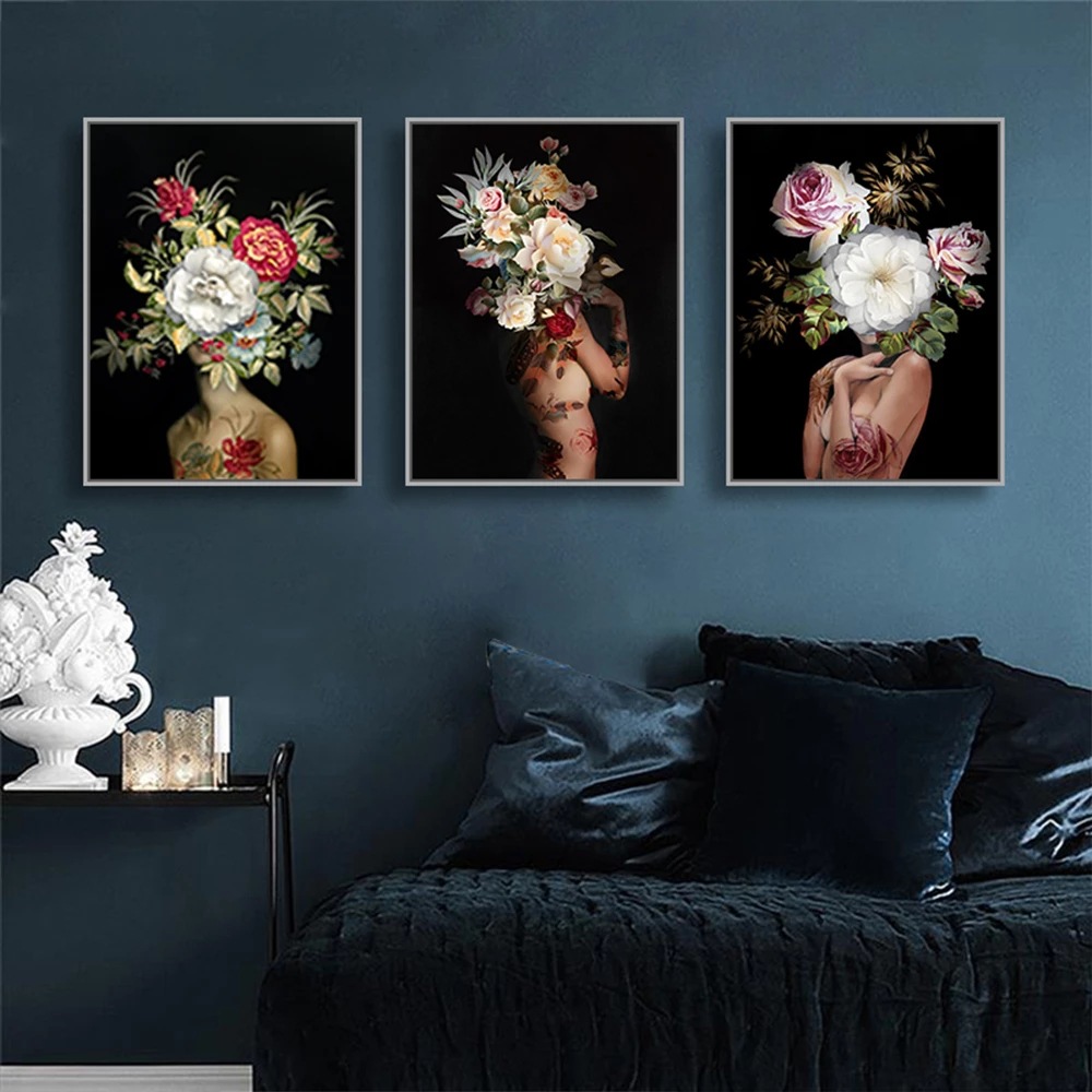 墙壁艺术装饰画头上的花朵女人图片高清打印艺术人物客厅家居装饰