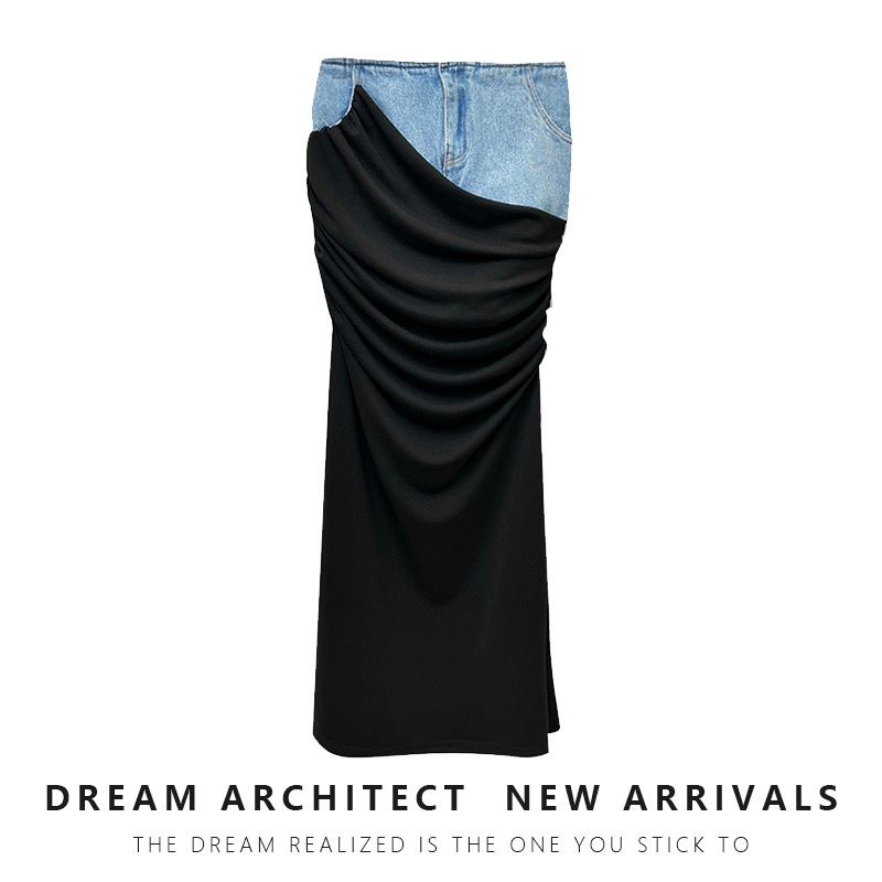 摩登解构高腰半裙女2023春新款黑色褶皱拼接设计感长款牛仔半身裙