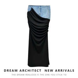 摩登解构高腰半裙女假两件新款黑色褶皱拼接设计感长款牛仔半身裙