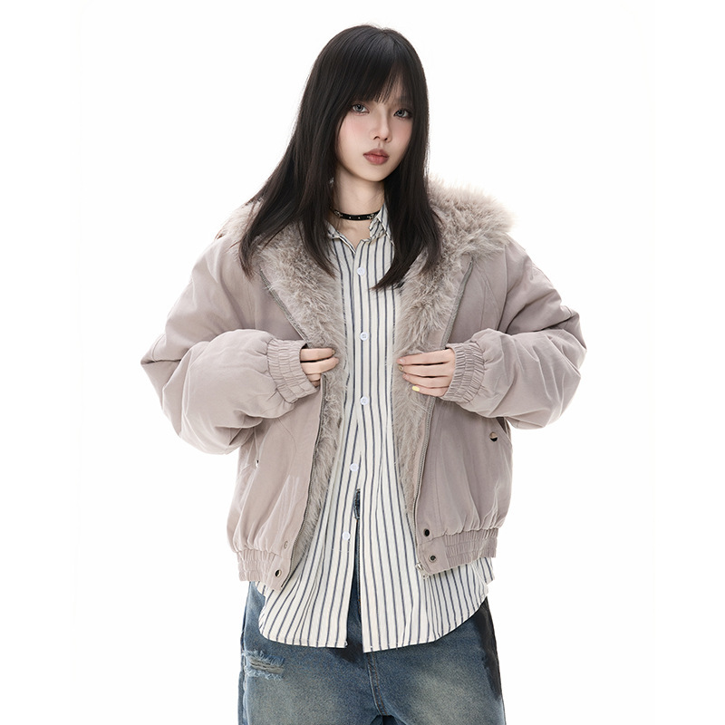 冬季美式棉服中性外套夹棉帆布水洗男女情侣装厚毛领连帽中长棉衣|undefined