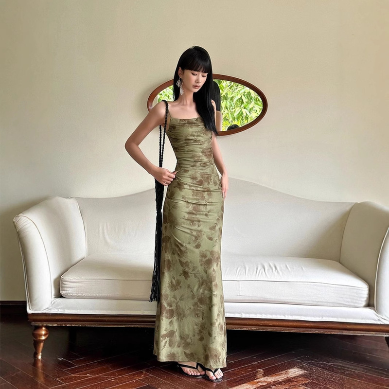 New Chinese-style Green Mesh Floral dress Sling Women's Summer Design High-grade Elegant Waist and Hip Fishtail Long Dress New Chinese-style Green Mesh Floral dress Sling Women's Summer Design High-grade Elegant Waist and Hip Fishtail Long Dress