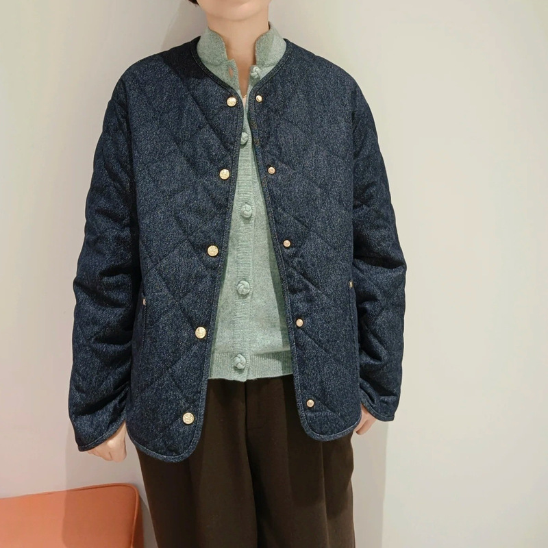 Er25 Autumn New Original Color Denim Lightweight Quilted Cotton Jacket Women's Imitation Denim Thin Round Neck Cotton Jacket