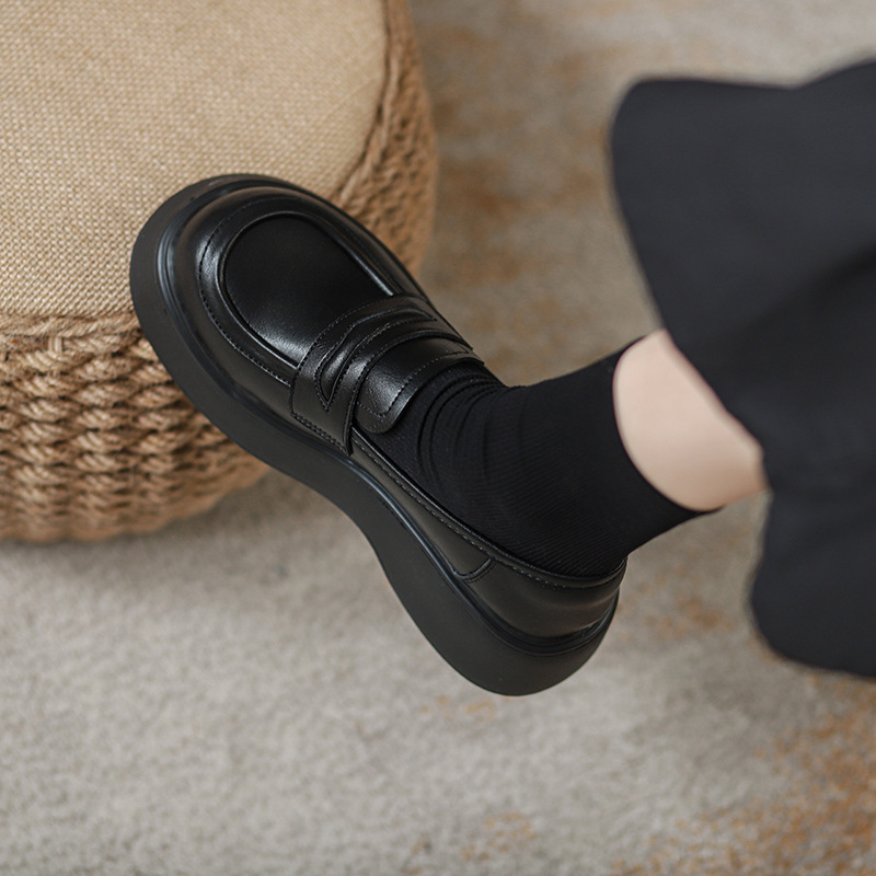 Genuine Leather Thick-Soled Loafers for Women 2025 Spring & Fall New Season Platform Black Versatile Flats Jk British Style Small Leather Shoes
