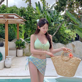 日韩新款多巴胺少女分体泳衣显瘦性感纯欲比基尼纱裙泡温泉三件套