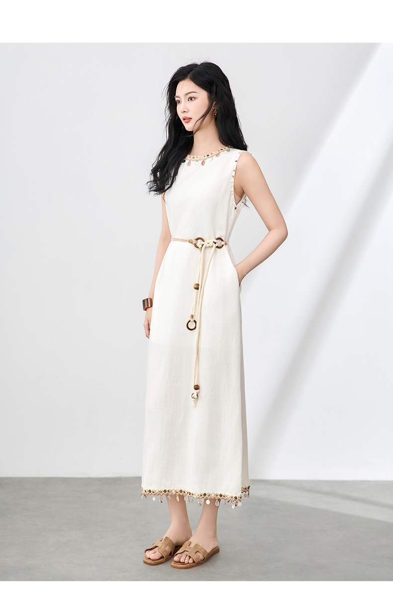 Đầm maxi nữ không tay phong cách Bohemian chất liệu linen tencel phối tua rua — Màu kaki chi tiết 11