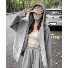 灰色连帽卫衣女2025新款秋季韩系宽松慵懒风早秋穿搭开衫外套上衣