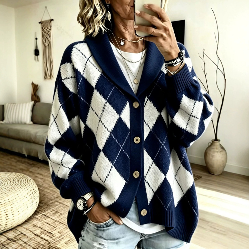 2026 European and American cross-border autumn and winter new style women's knitted cardigan, loose and casual style, with a turn-down collar, buttons, and diamond-patterned long sleeves
