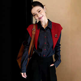 2026早春新品牛仔披肩衬衫女复古设计感显瘦通勤日常简约长袖上衣