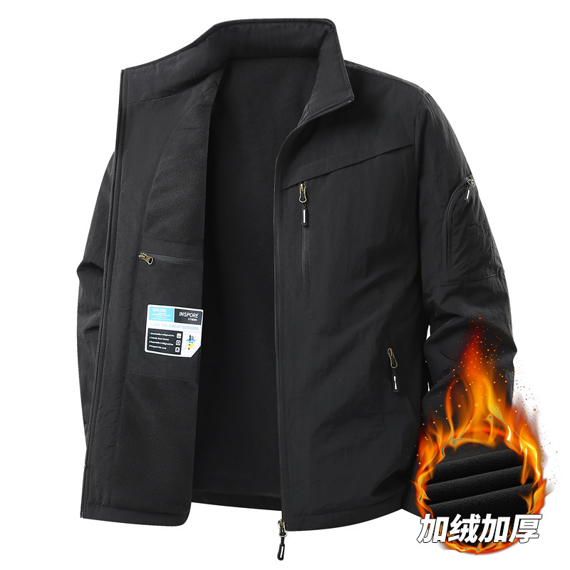 Cross-border outdoor casual stand-up collar loose large size large pocket thickened jacket, new spring men's solid color workwear coat