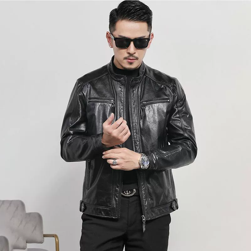 Autumn leather jacket for leisure, genuine leather, cowhide, slim fit
