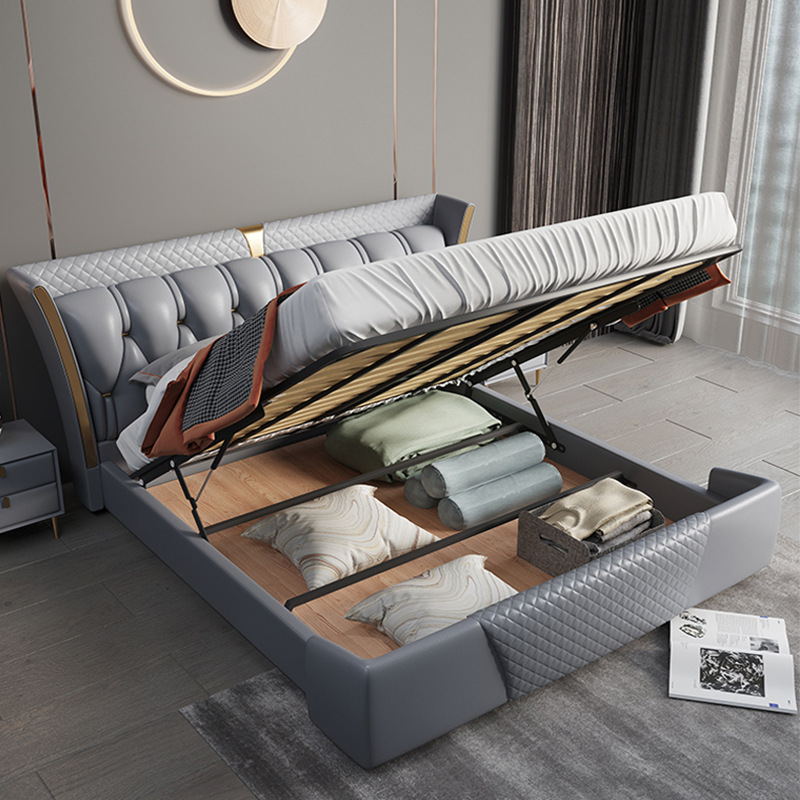 Luz de estilo italiano de lujo de cuero genuino cama moderna simple cama doble primera capa de piel de vaca dormitorio principal Internet celebridad cama suave de alta gama elegante cama de boda