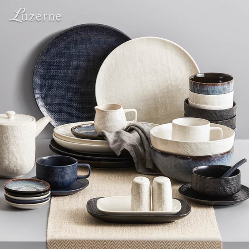 Transfronterizo LZ Lucang perla patrón de tela de lino blanco lujo ligero vajilla de cerámica simple japonesa, platos, platos, platos de pescado, platos de sopa