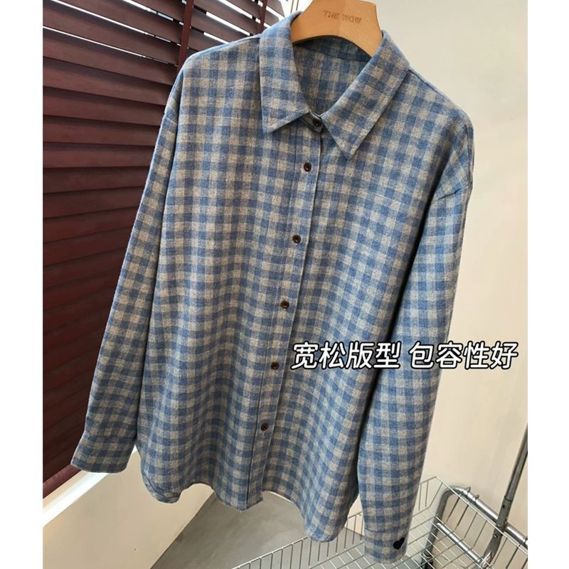 Vintage Plaid Brushed Long-Sleeve Shirt for Women, Autumn and Winter Korean Style with Heart Embroidery, Loose Fit, Slimming Layered Shirt Top