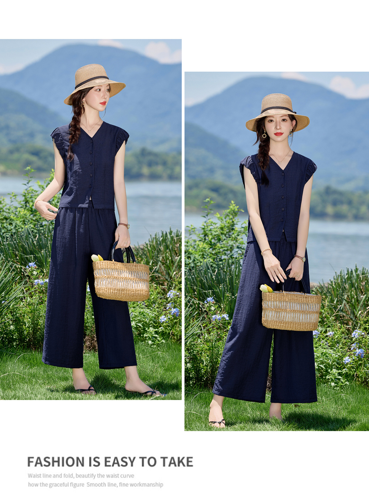 Bộ vest nữ hè 2025 áo sơ mi cổ V ôm quần ống thẳng hai mảnh LB2869 — màu xanh hải quân, Màu trắng nhạt chi tiết 25