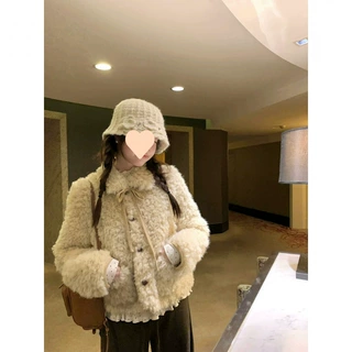 雪顶摩卡绑带短款毛毛外套加厚冬羊羔绒加厚夹棉毛毛外套一件代发
