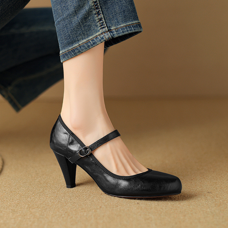 Giày cao gót nữ da cừu miệng nông gót dày Mary Jane 9 cm — Màu đen [9 cm]