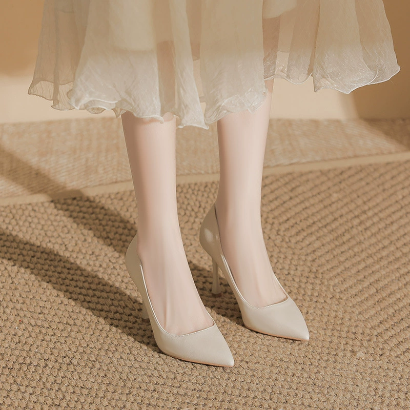 [2025 new leather thin heel pointed toe large size widened fat feet commuting high heels for women simple work women's shoes]