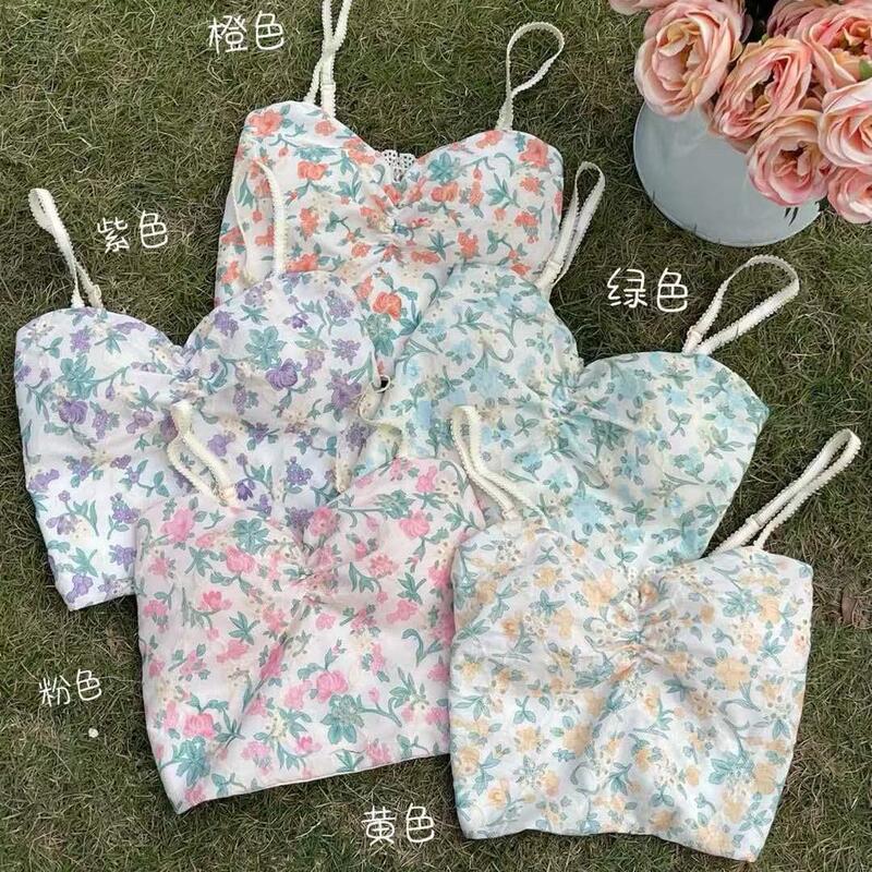 Floral Fresh Style Camisole Women's Chest Pad Foreign Style Inner Wear Beautiful Back Wrap Chest Slimming Chic Sweet Spice Girl Top